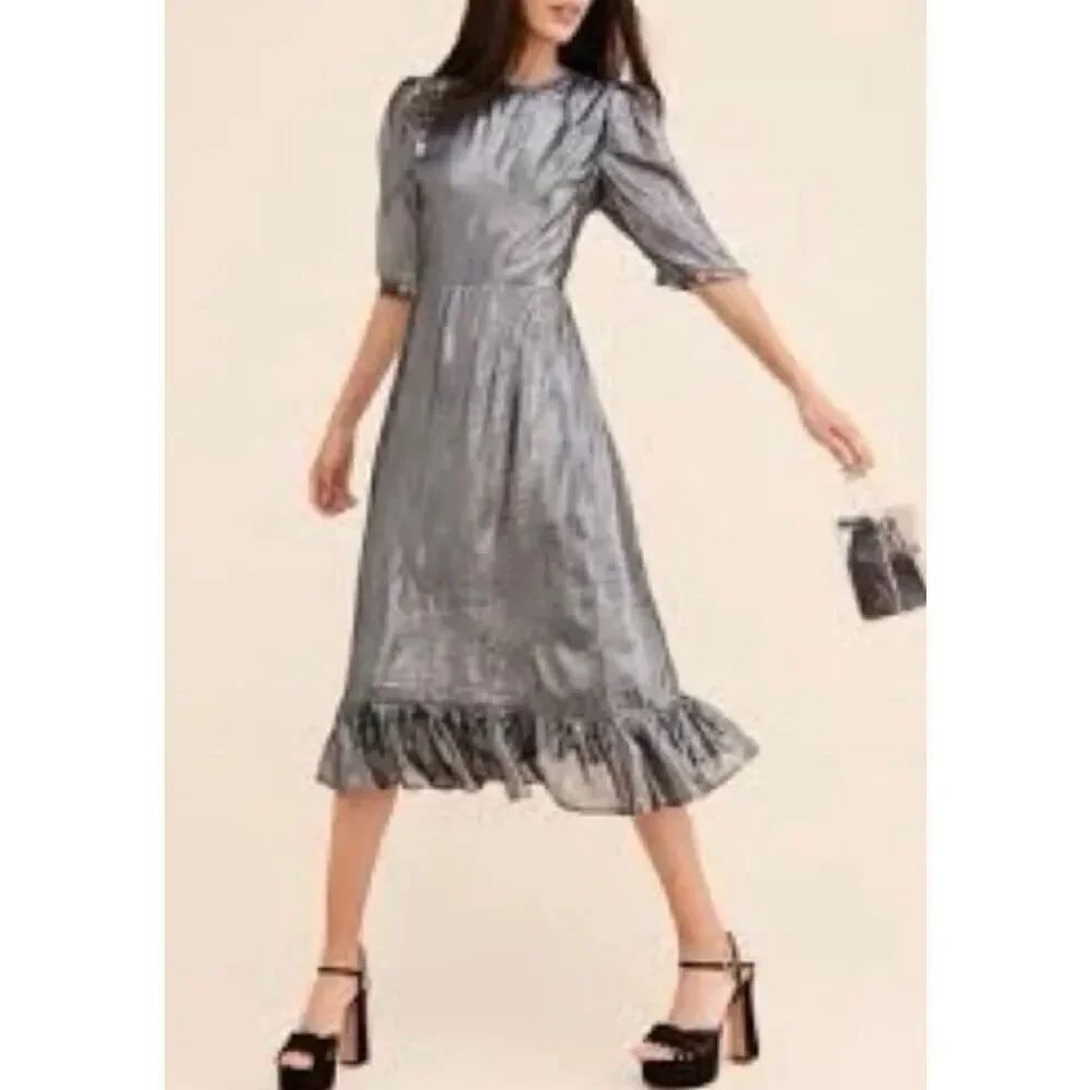 NWOT Paul & Joe Sister Anthropologie Majestee Metallic Silver Ruffled Midi Dress